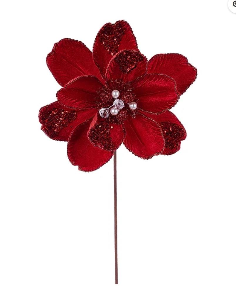 Red Velvet Magnolia Christmas Tree Flower with Glitter & Jeweled Accents