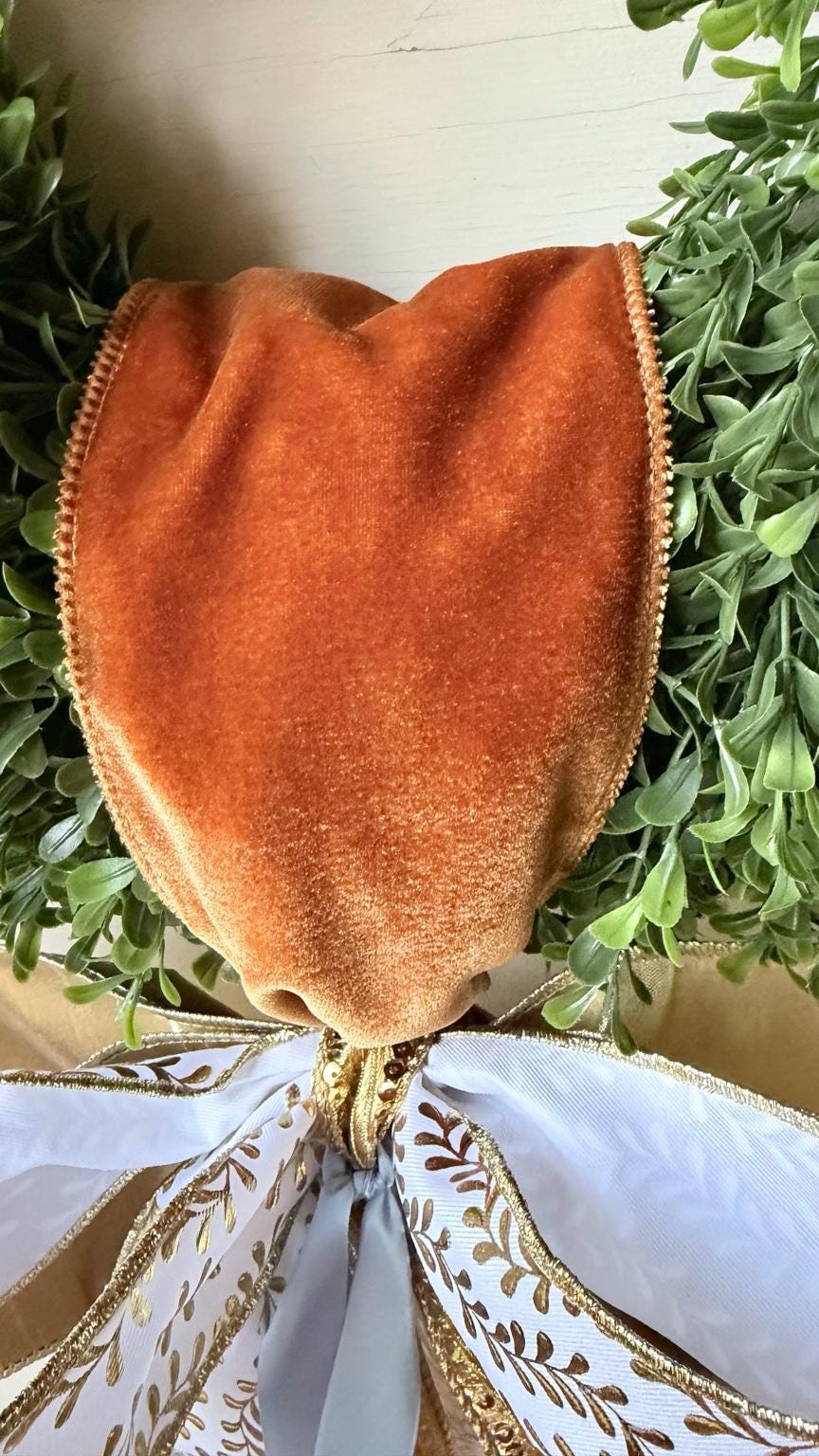 Fall Wreath Sash Luxury Front Door Bow Burnt Orange Velvet Gold Ribbon Autumn Wreath Decor