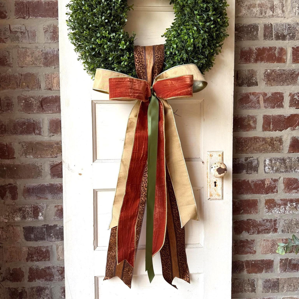 Luxury Fall Wreath Sash with Leopard Print Rust Velvet Gold & Olive Ribbon