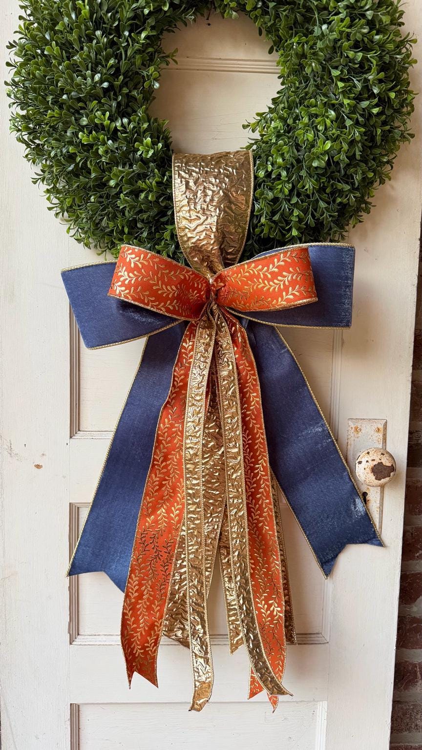Fall Wreath Sash Navy Blue Orange Gold Wreath Bow Luxury Fall Front Door Decor Autumn Ribbon Bow