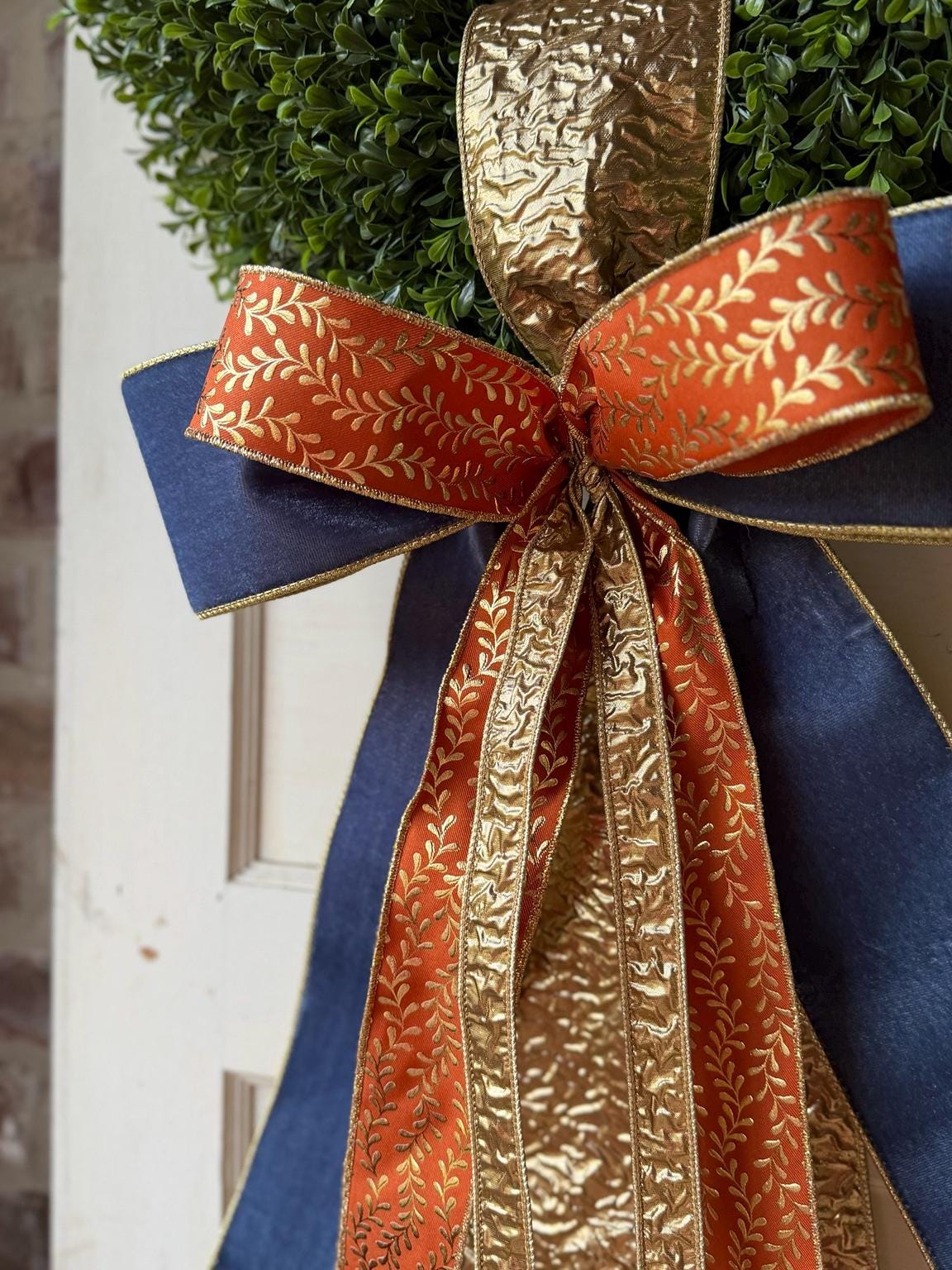 Fall Wreath Sash Navy Blue Orange Gold Wreath Bow Luxury Fall Front Door Decor Autumn Ribbon Bow