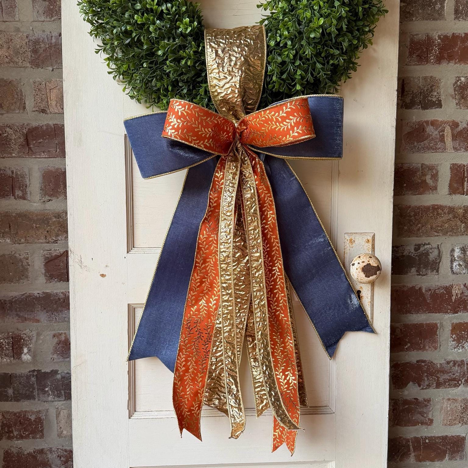 Fall Wreath Sash Navy Blue Orange Gold Wreath Bow Luxury Fall Front Door Decor Autumn Ribbon Bow