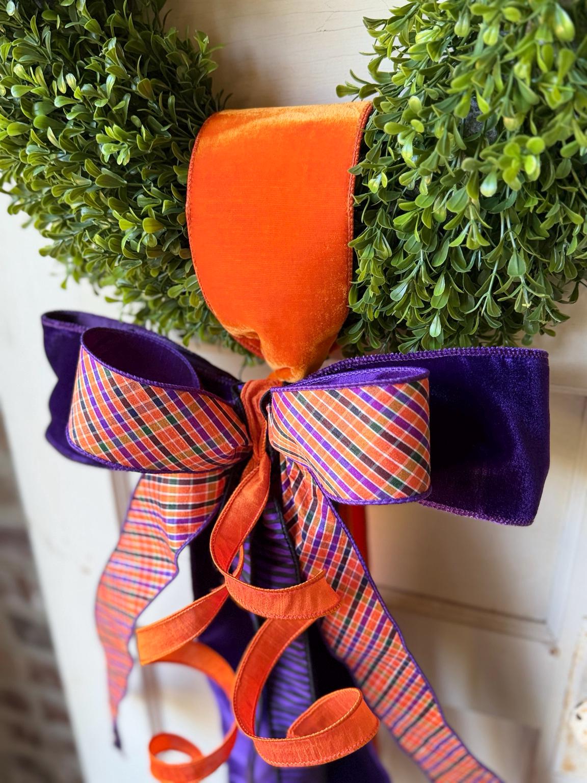 Fall Wreath Sash Orange Purple Plaid Wreath Bow Halloween Front Door Decor Game Day Wreath Sash