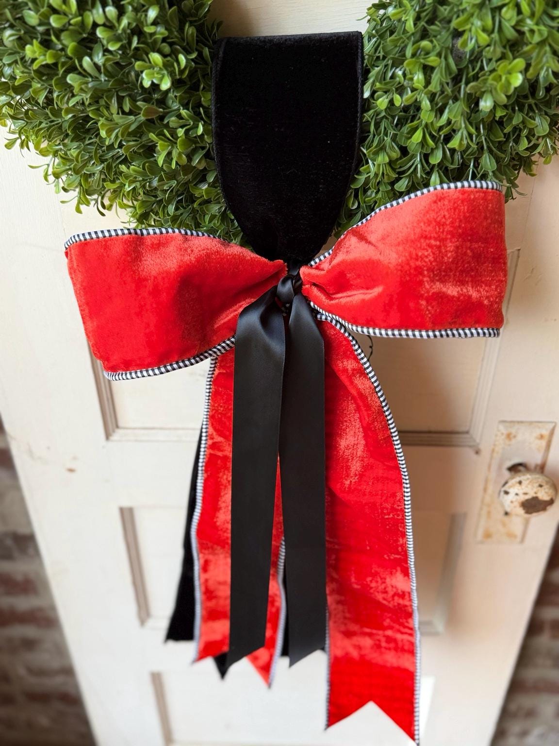 Orange Velvet Wreath Sash Black White Gingham Wreath Bow Front Door Decor Game Day School Color Decor