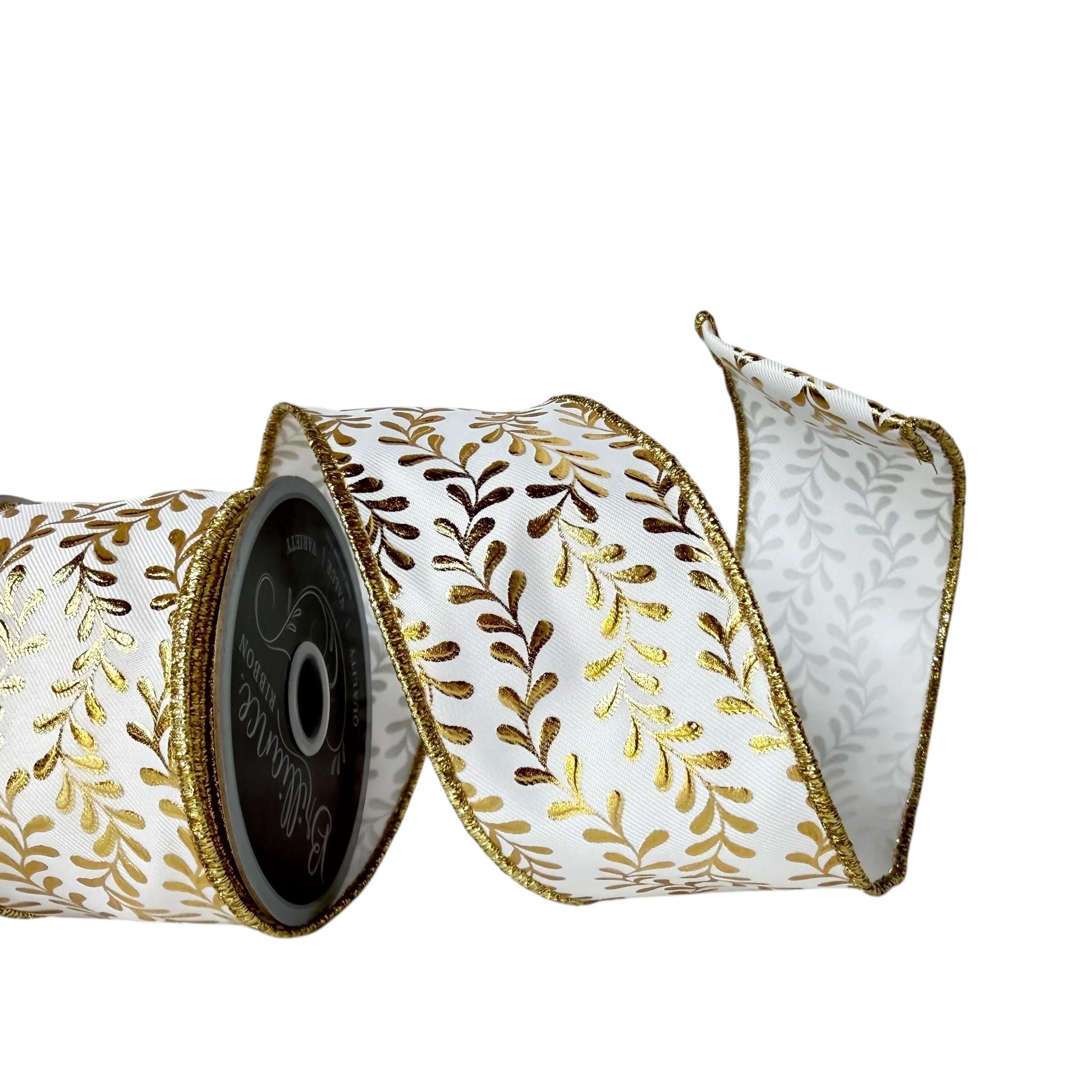 White with Gold Foil Leaf Wired Ribbon: Fall to Christmas Decor (10 Yards)