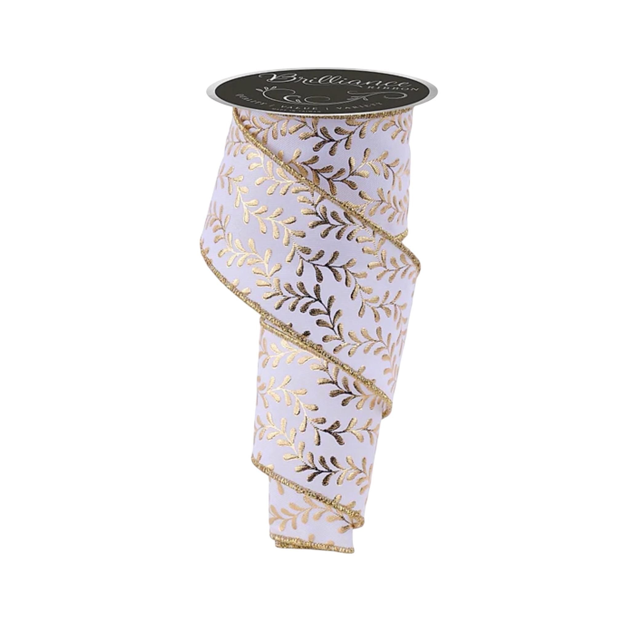 White with Gold Foil Leaf Wired Ribbon: Fall to Christmas Decor (10 Yards)
