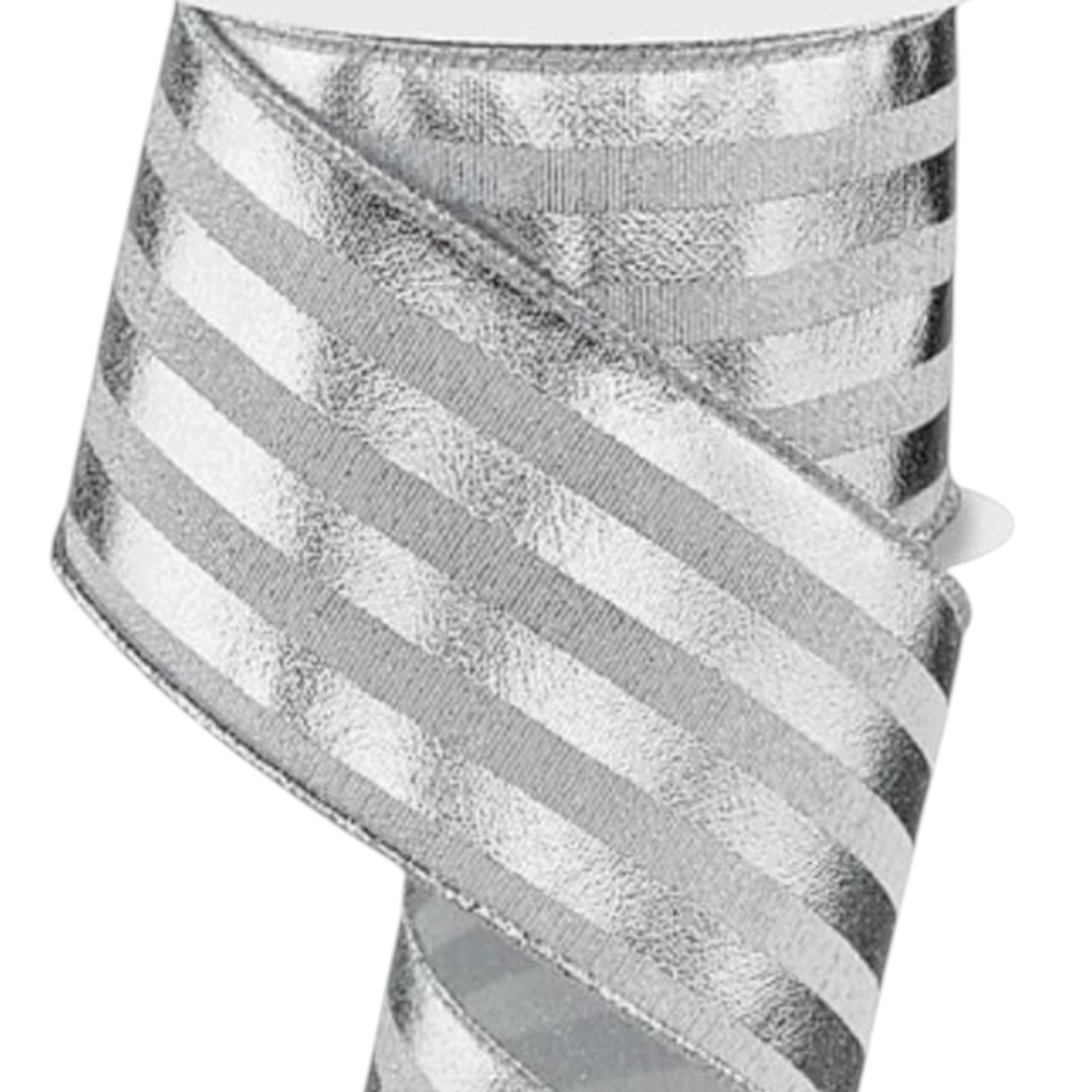 Silver Striped Wired Ribbon Metallic Ribbon for Wreaths Bows Christmas and Holiday Decor