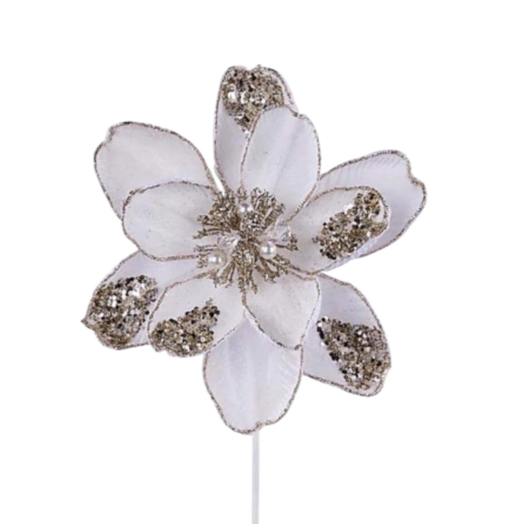 Christmas Tree Decor Cream Magnolia Flower with Gold Glitter Beads & Jeweled Accents