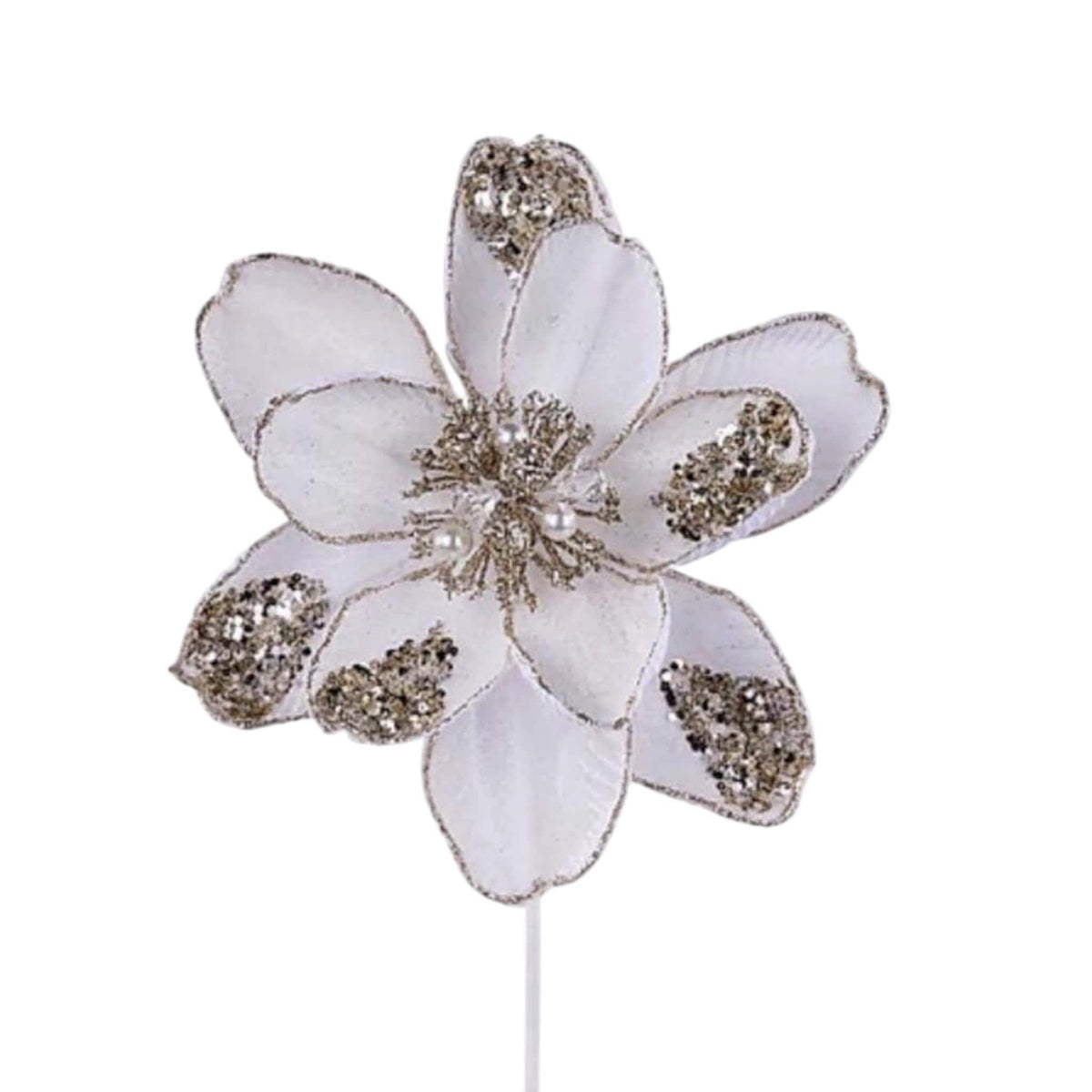 Cream Magnolia Christmas Tree Decor with Gold Glitter & Jeweled Accents