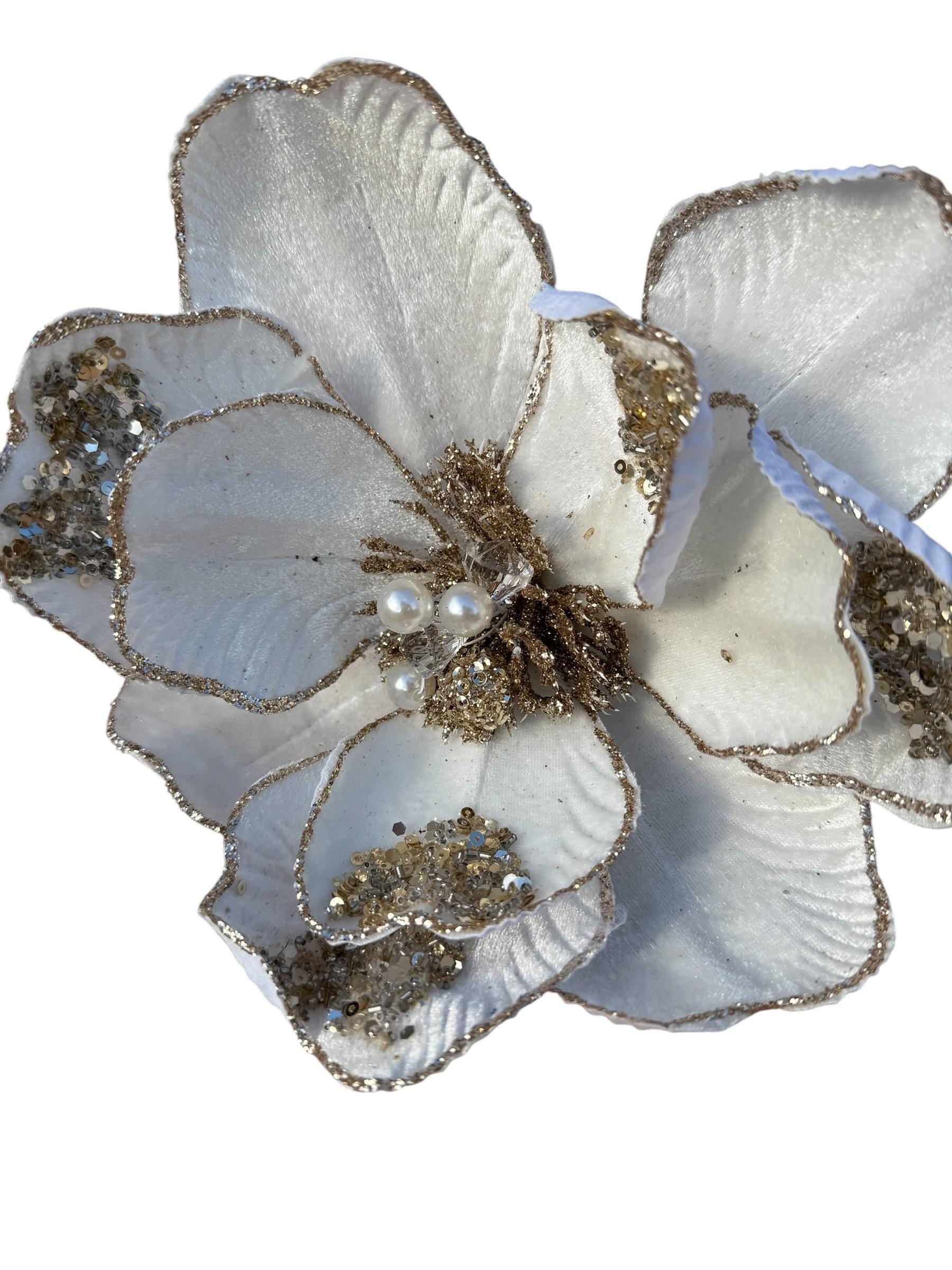 Christmas Tree Decor Cream Magnolia Flower with Gold Glitter Beads & Jeweled Accents