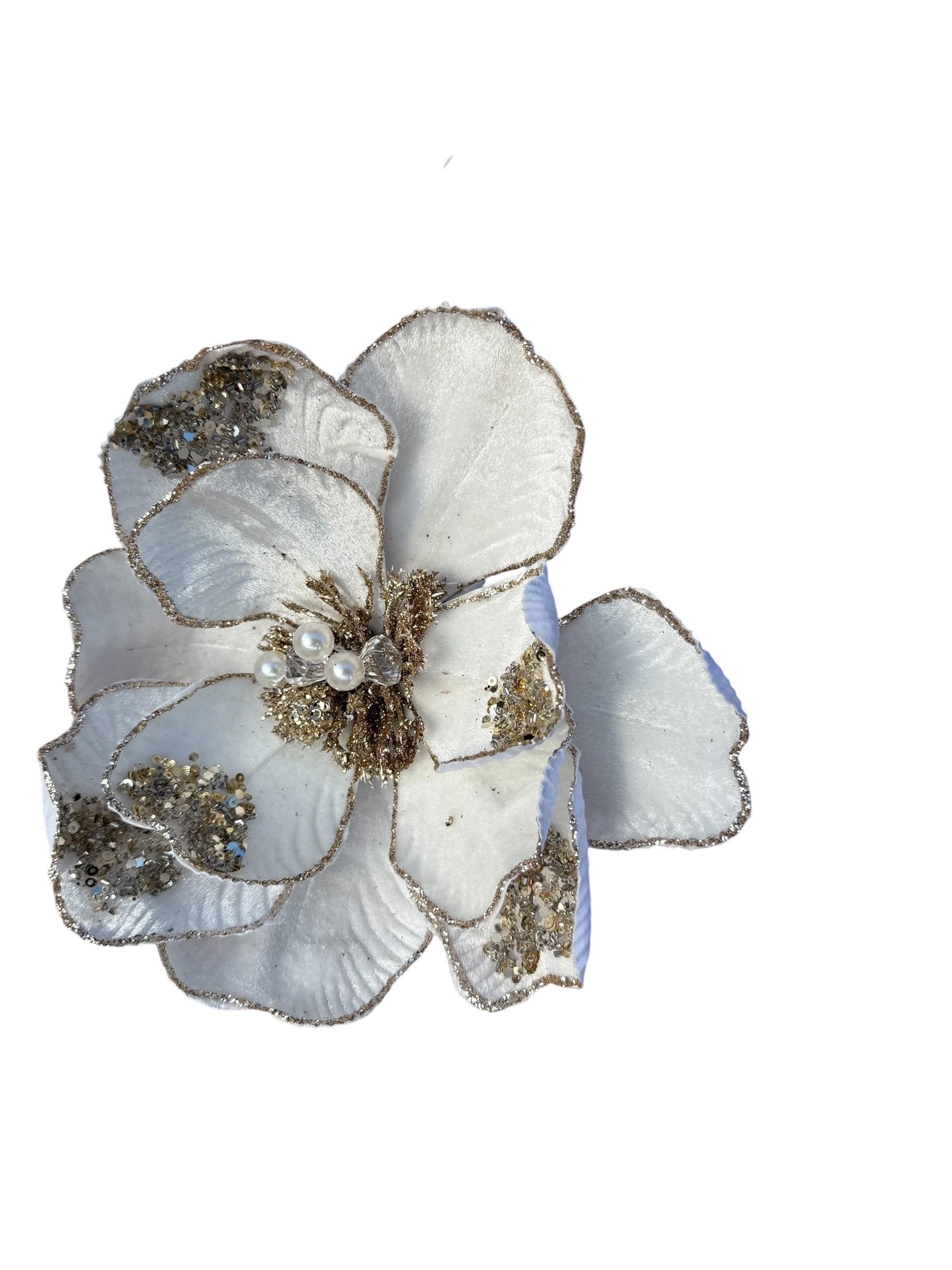 Christmas Tree Decor Cream Magnolia Flower with Gold Glitter Beads & Jeweled Accents