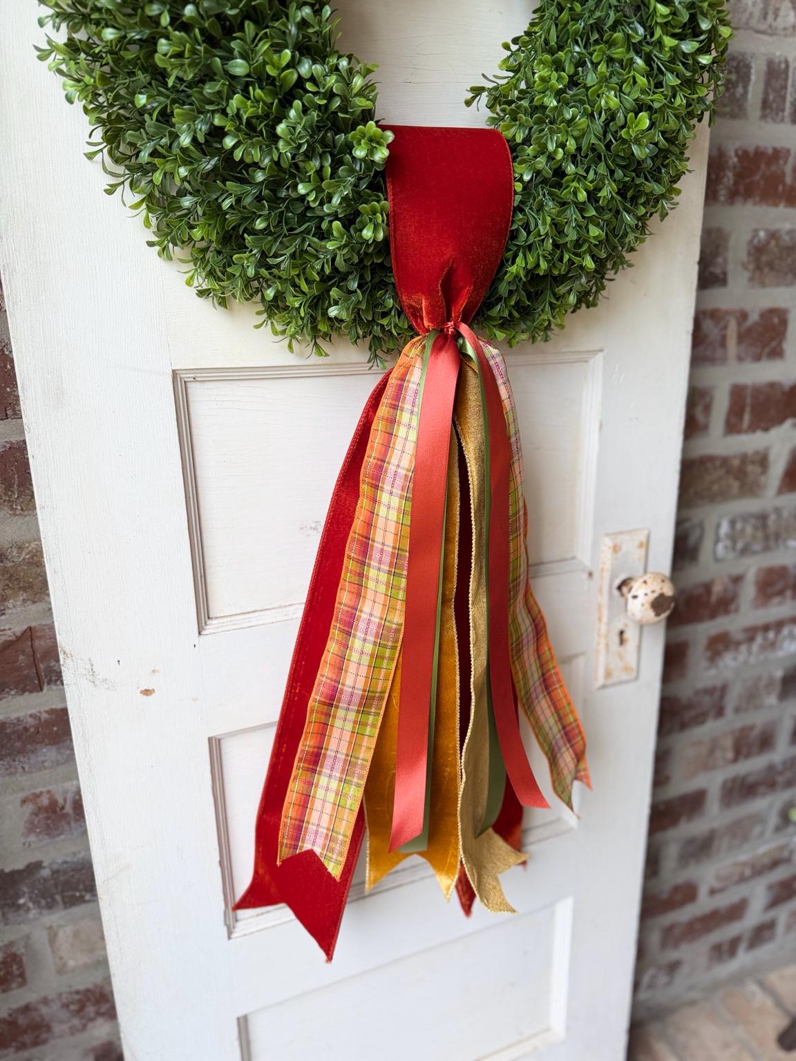 Fall Wreath Sash 28 Inch Rust Gold Green Plaid Front Door Decor Velvet Cotton Satin Ribbon