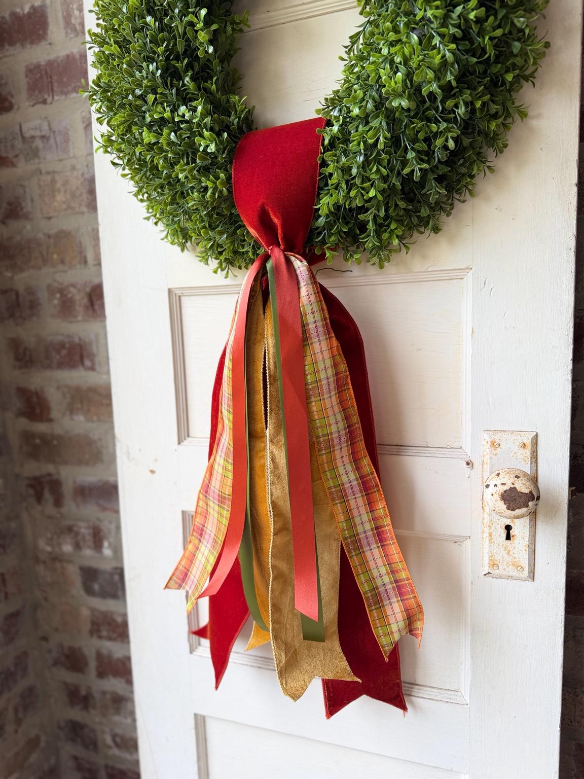 Fall Wreath Sash 28 Inch Rust Gold Green Plaid Front Door Decor Velvet Cotton Satin Ribbon