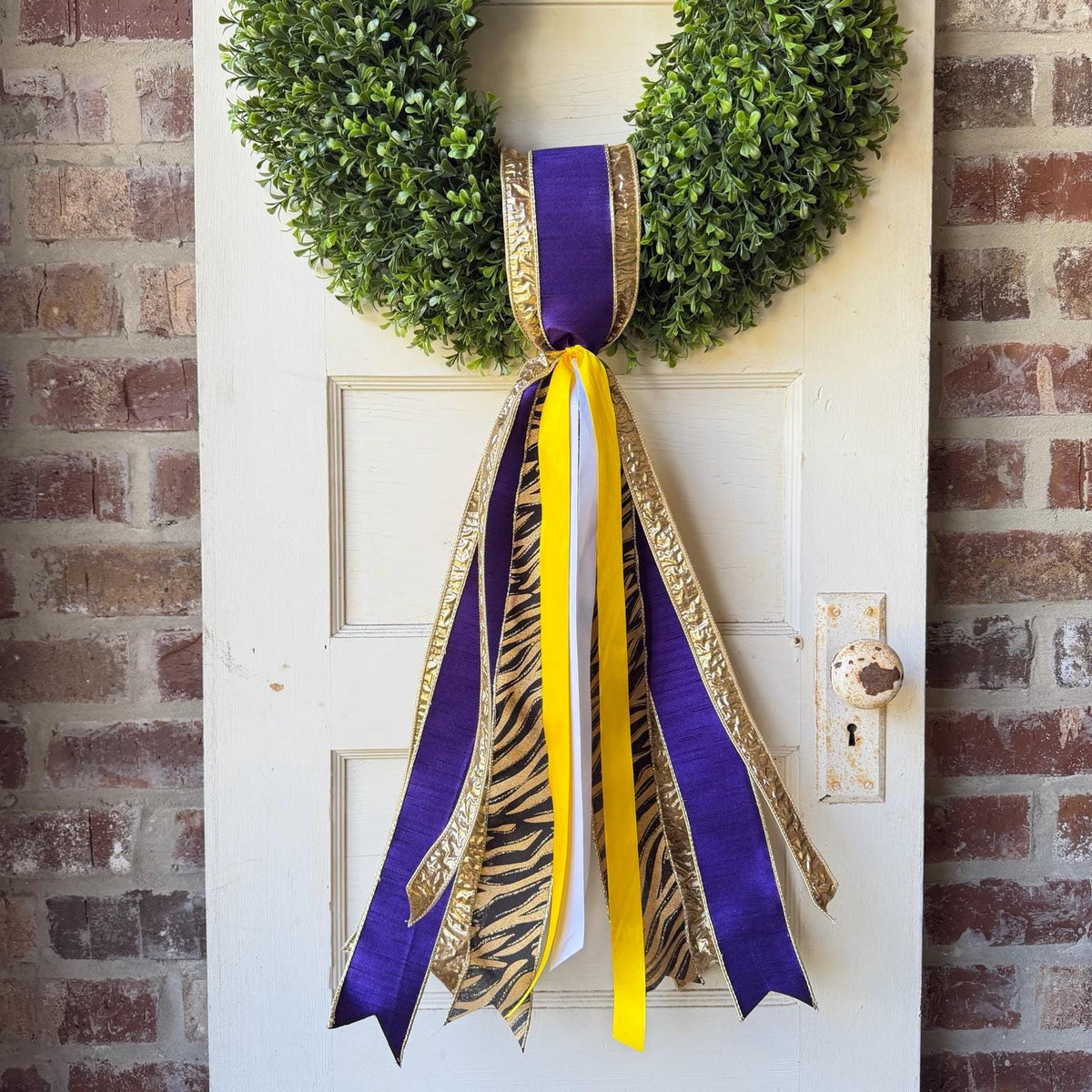 Purple Gold Wreath Sash Tiger Print Game Day Front Door Decor Football Wreath Bow