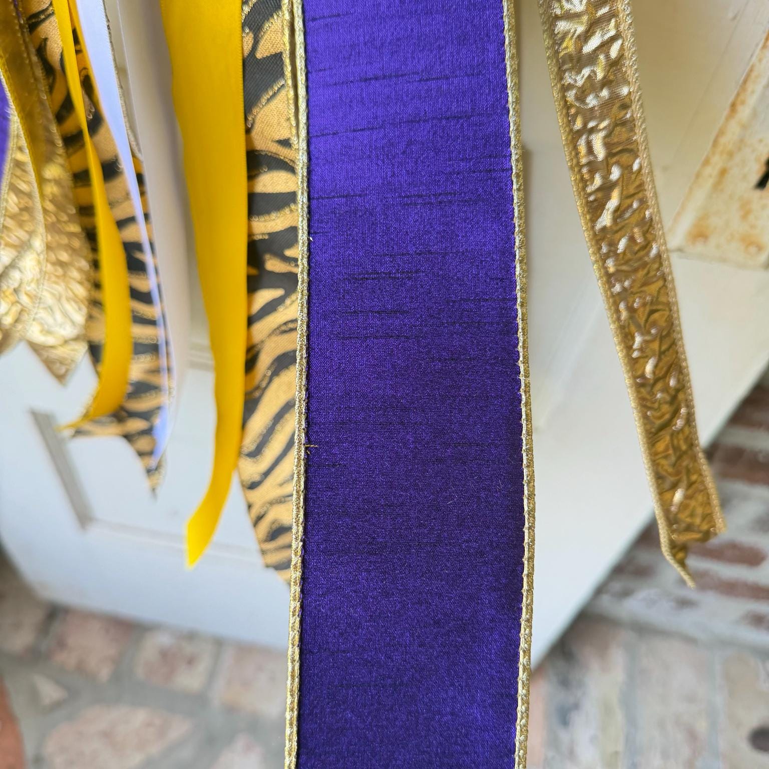 Purple Gold Wreath Sash Tiger Print Game Day Front Door Decor Football Wreath Bow