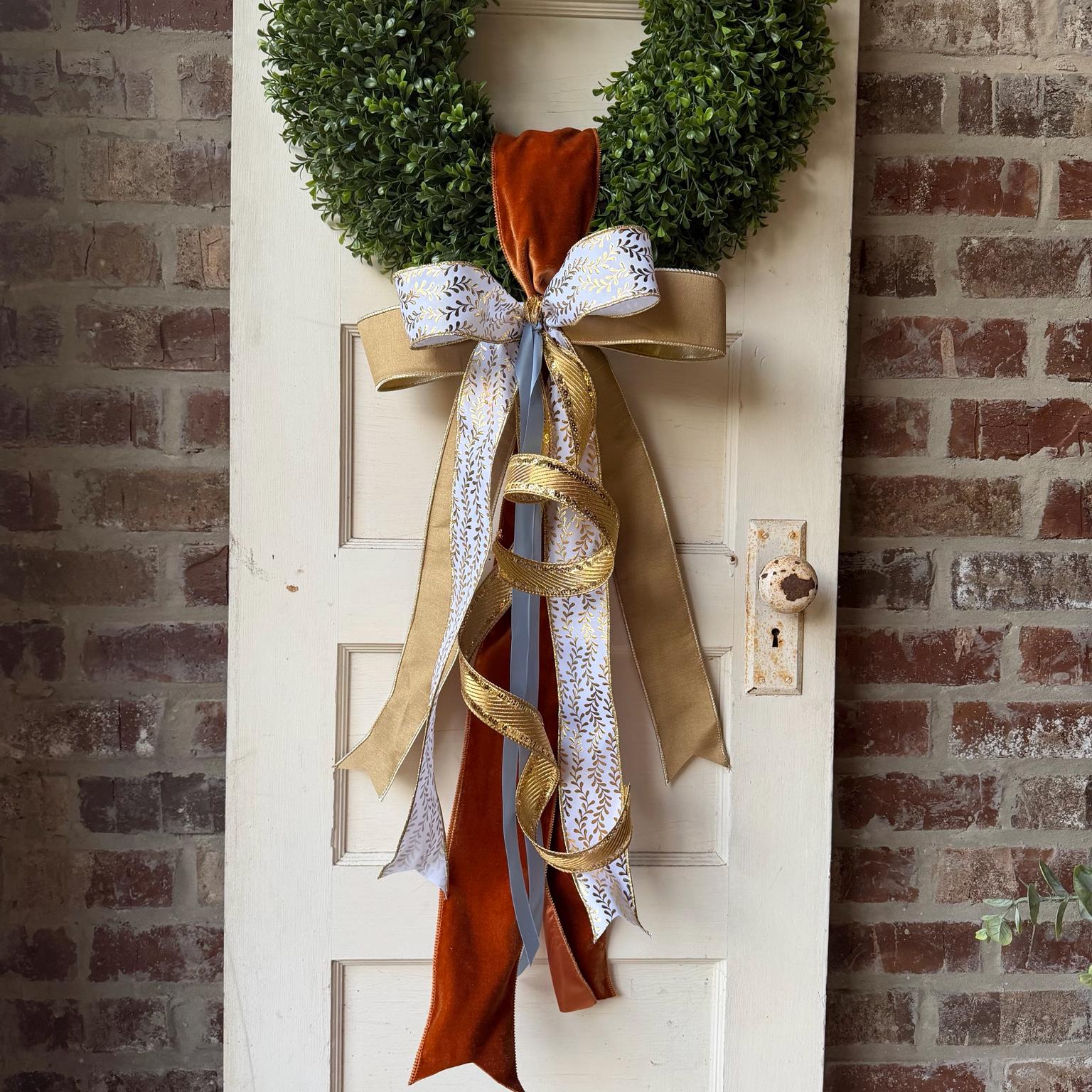 Fall Wreath Sash Luxury Front Door Bow Burnt Orange Velvet Gold Ribbon Autumn Wreath Decor