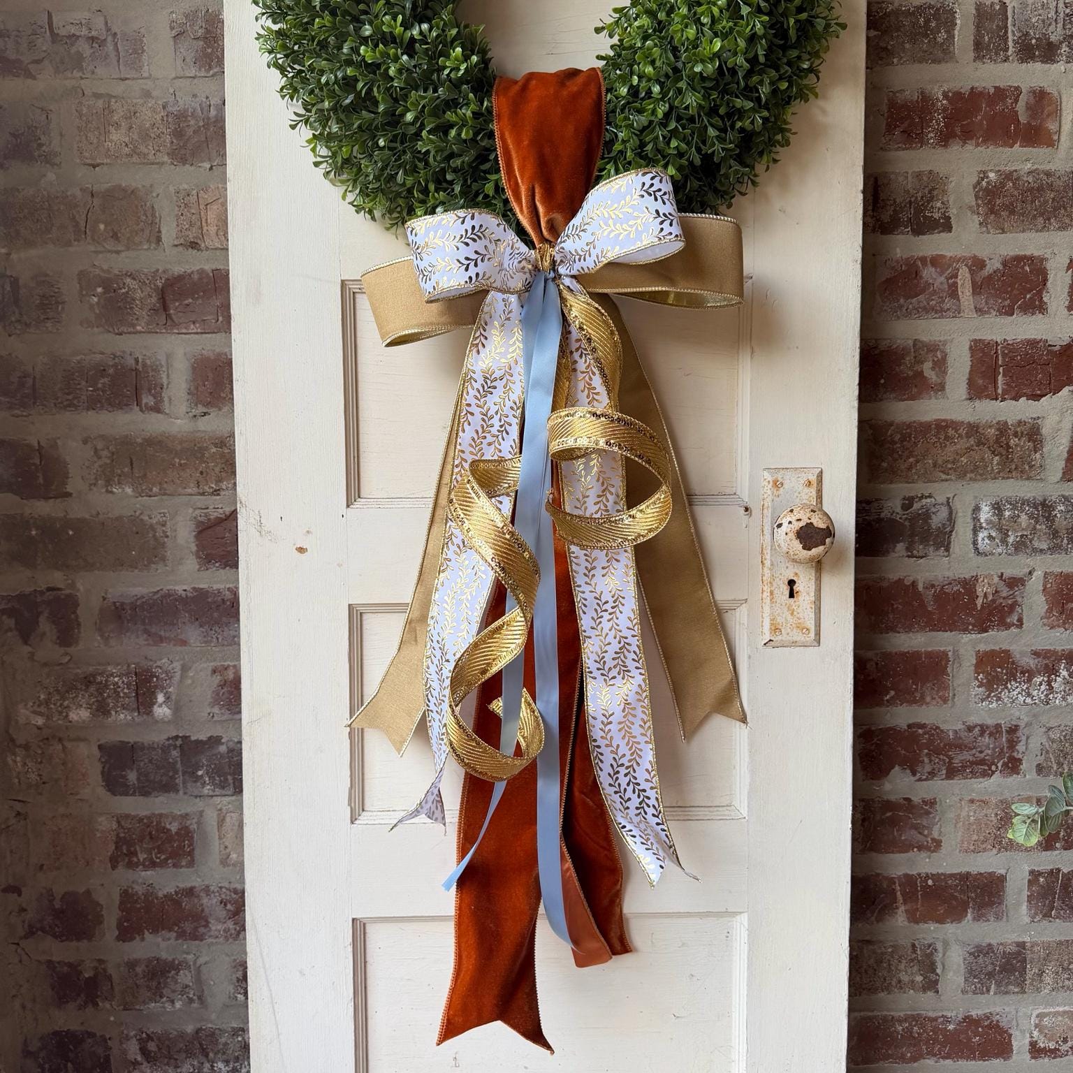 Fall Wreath Sash Luxury Front Door Bow Burnt Orange Velvet Gold Ribbon Autumn Wreath Decor