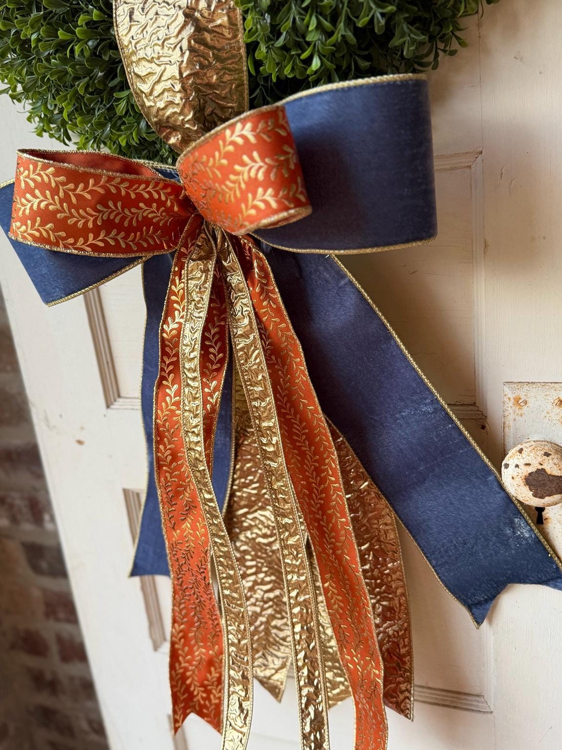 Fall Wreath Sash Navy Blue Orange Gold Wreath Bow Luxury Fall Front Door Decor Autumn Ribbon Bow