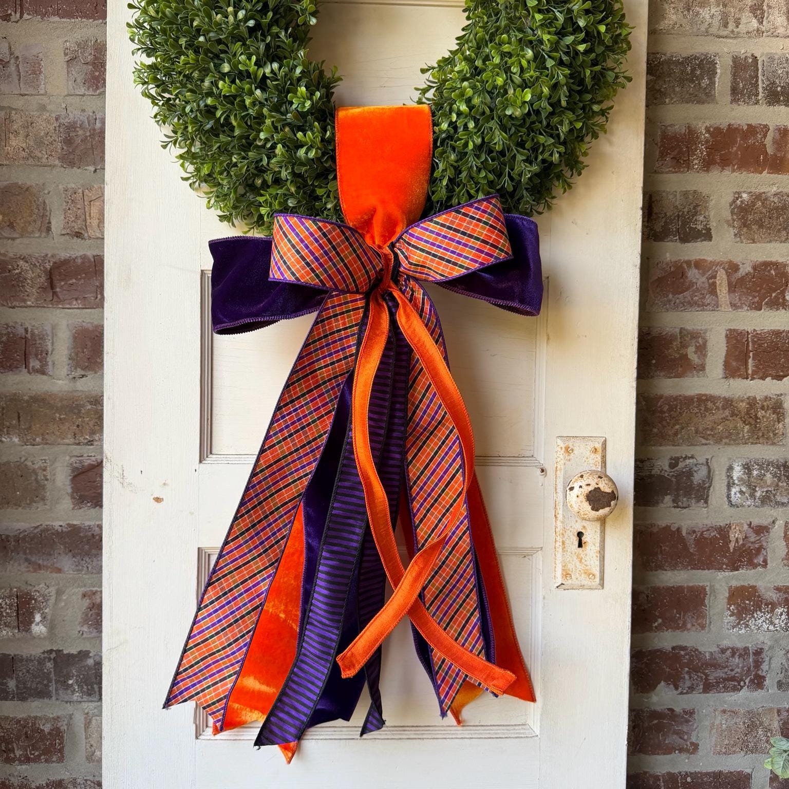 Fall Wreath Sash Orange Purple Plaid Wreath Bow Halloween Front Door Decor Game Day Wreath Sash