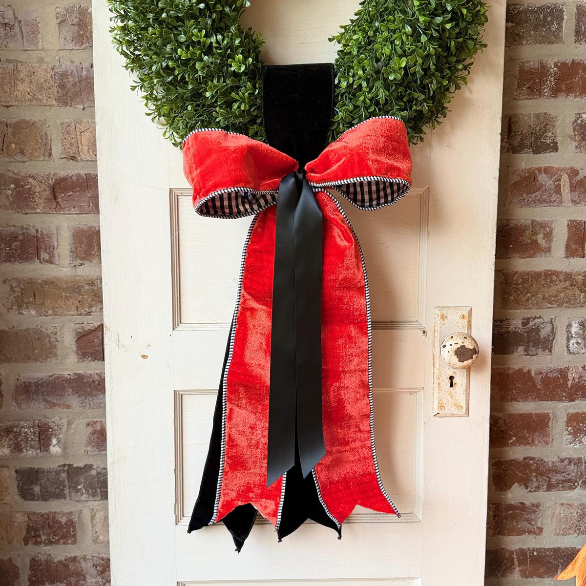 Orange Velvet Wreath Sash with Black White Gingham | Fall Game Day Front Door Decor