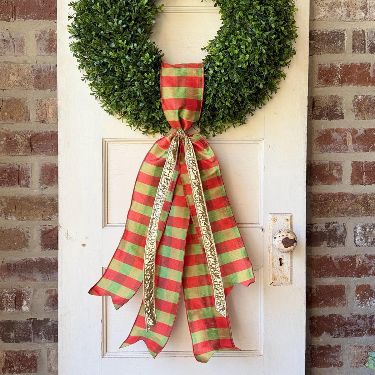 Fall Wreath Sash – Orange & Green Plaid with Gold Ribbon
