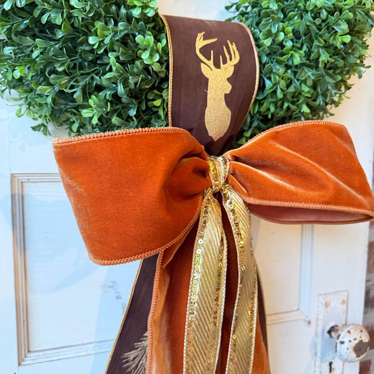 Fall Wreath Bow Brown Deer Ribbon Orange Velvet Gold Accent Rustic Woodland Front Door Decor Handmade Wreath Sash