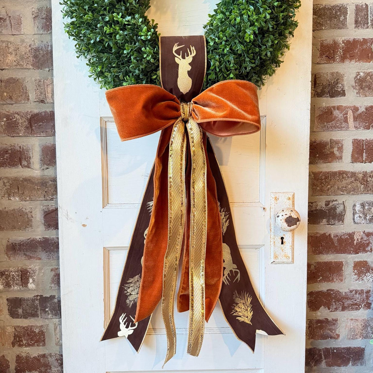 Fall Wreath Bow Brown Deer Ribbon Orange Velvet Gold Accent Rustic Woodland Front Door Decor Handmade Wreath Sash