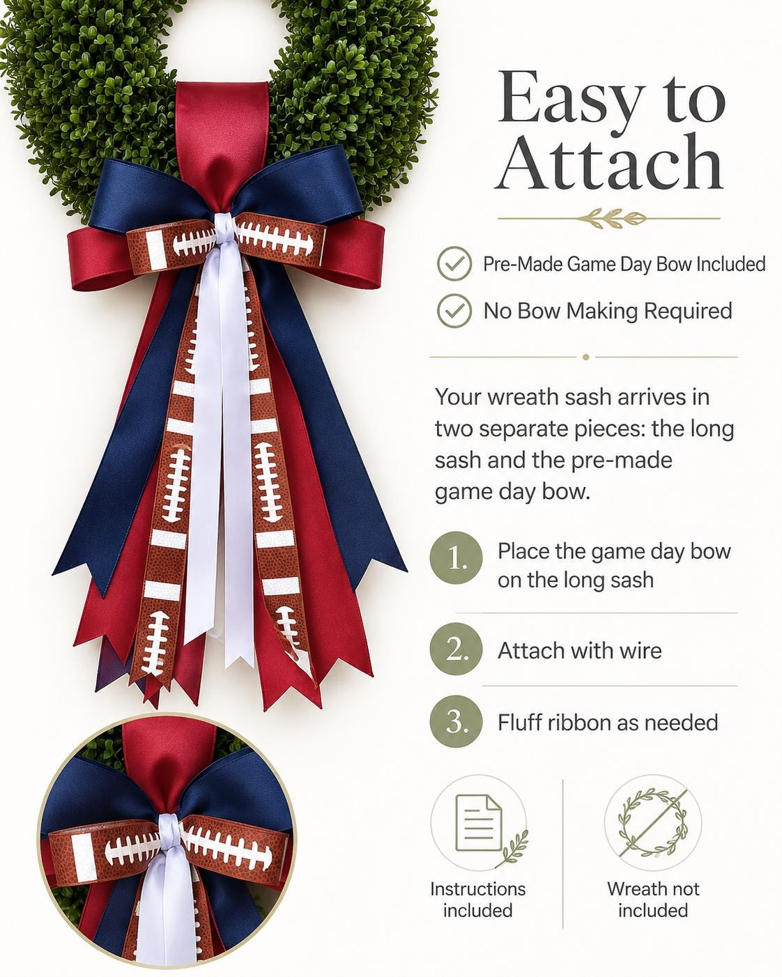 Football Wreath Sash Navy and Red Game Day Wreath Bow School Colors Front Door Decor