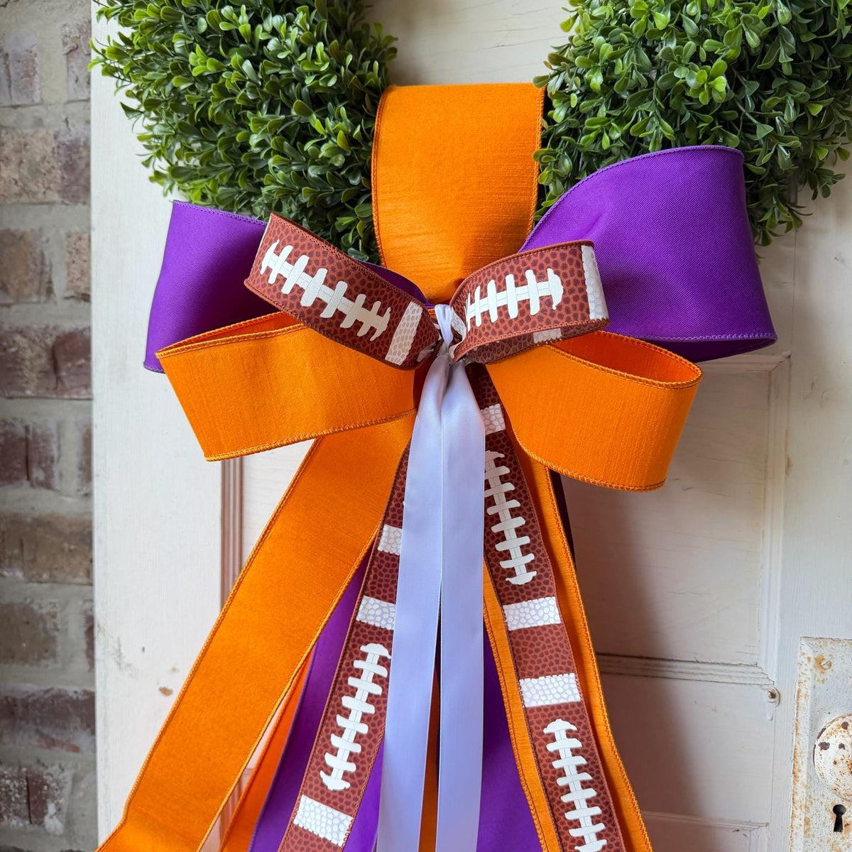 Football Wreath Sash Purple Orange Game Day Wreath Bow Front Door Decor Team Spirit Football Door Bow