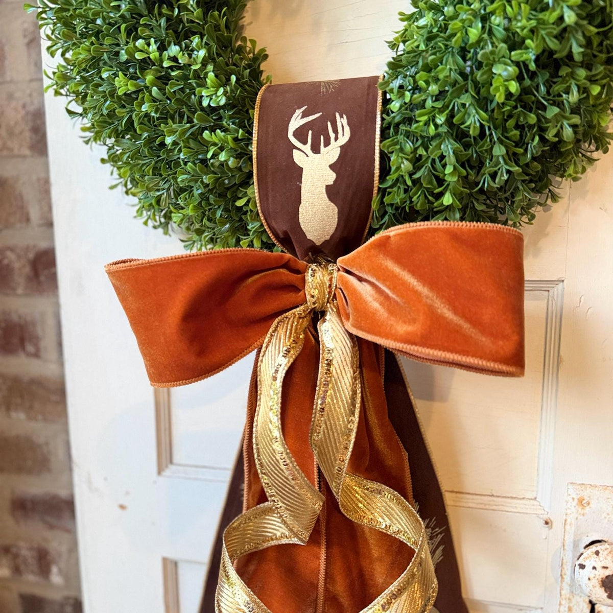 Fall Wreath Bow Brown Deer Ribbon Orange Velvet Gold Accent Rustic Woodland Front Door Decor Handmade Wreath Sash