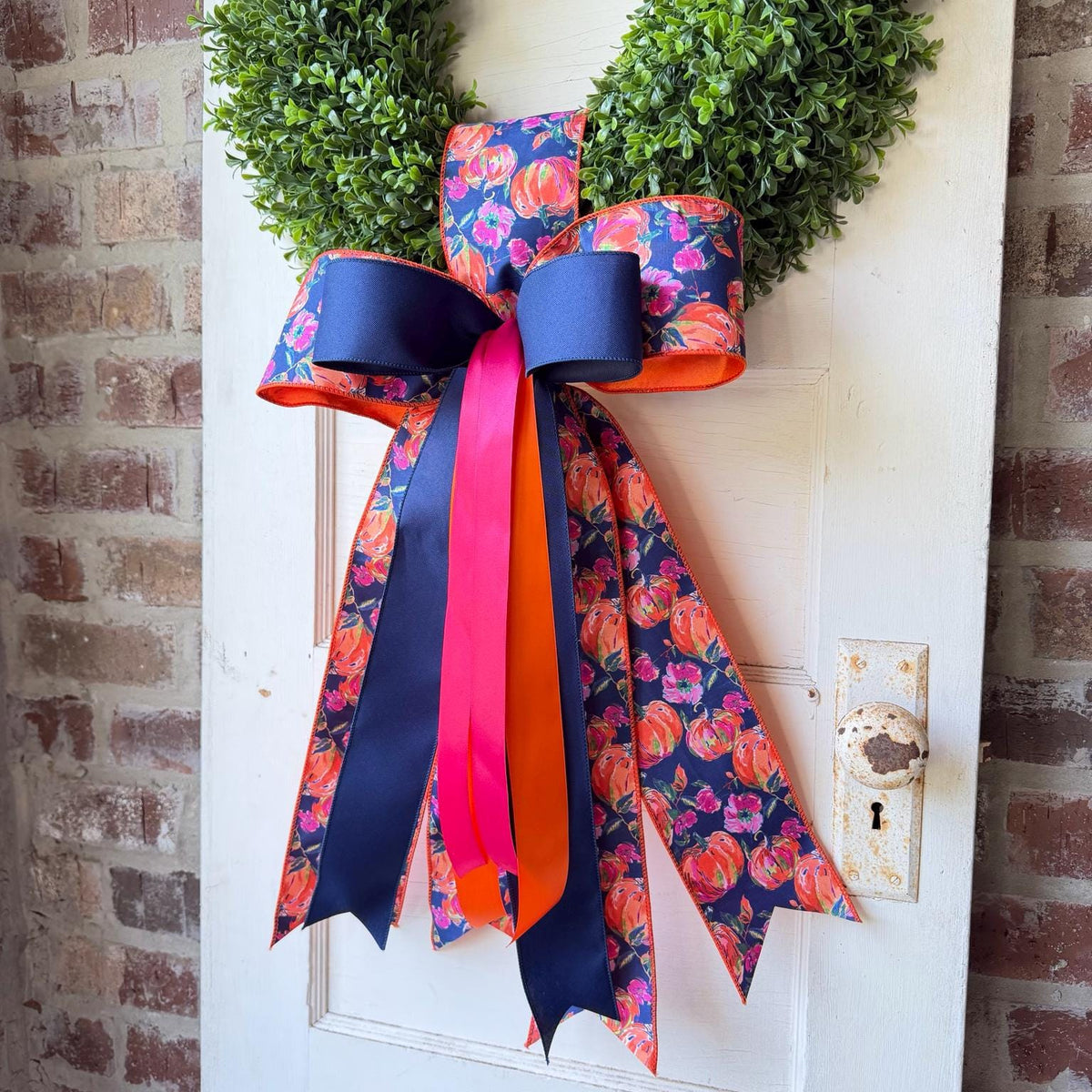 Fall Wreath Sash with Bow Pumpkin Floral Wreath Bow Navy Pink Orange Front Door Decor Autumn Wreath Sash