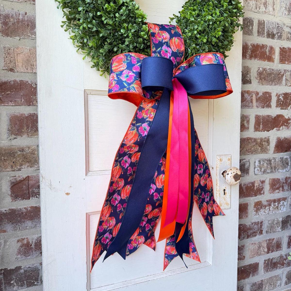Fall Wreath Sash with Bow Pumpkin Floral Wreath Bow Navy Pink Orange Front Door Decor Autumn Wreath Sash