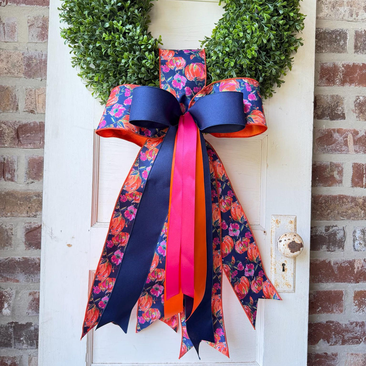 Fall Wreath Sash with Bow Pumpkin Floral Wreath Bow Navy Pink Orange Front Door Decor Autumn Wreath Sash