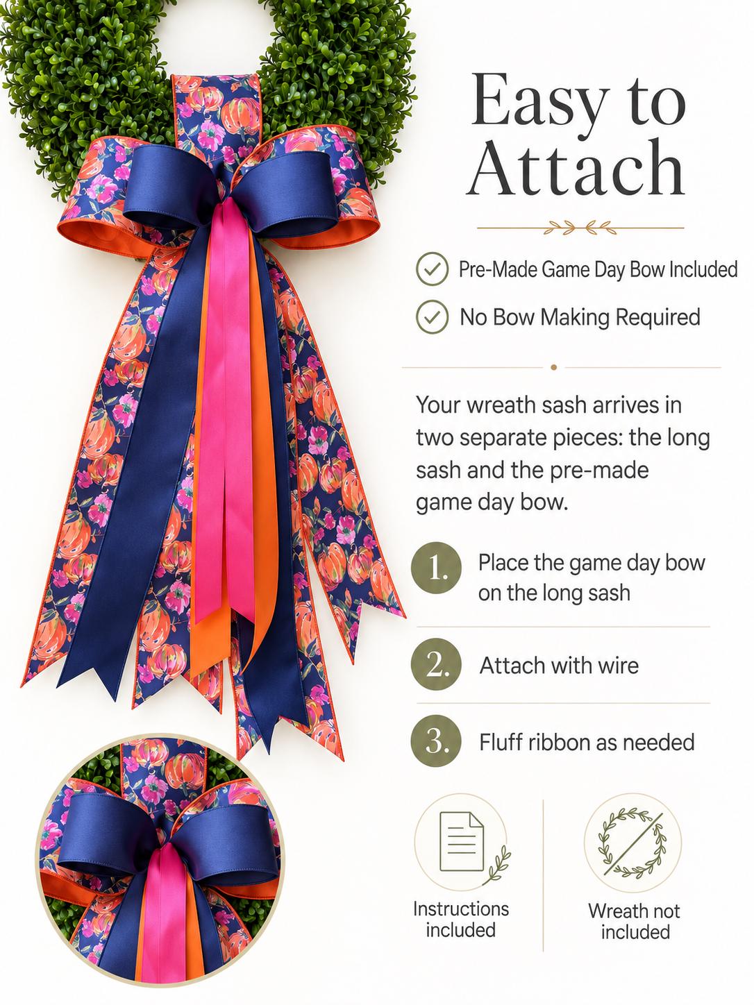 Fall Wreath Sash with Bow Pumpkin Floral Wreath Bow Navy Pink Orange Front Door Decor Autumn Wreath Sash