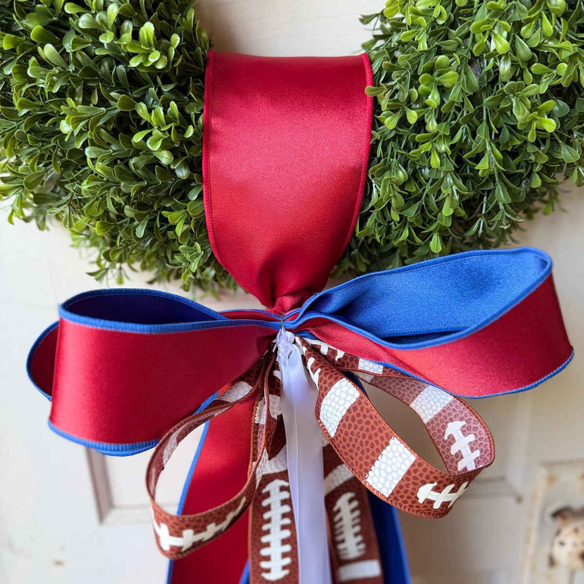 Football Wreath Sash Royal Blue and Red Game Day Wreath Bow School Colors Front Door Decor