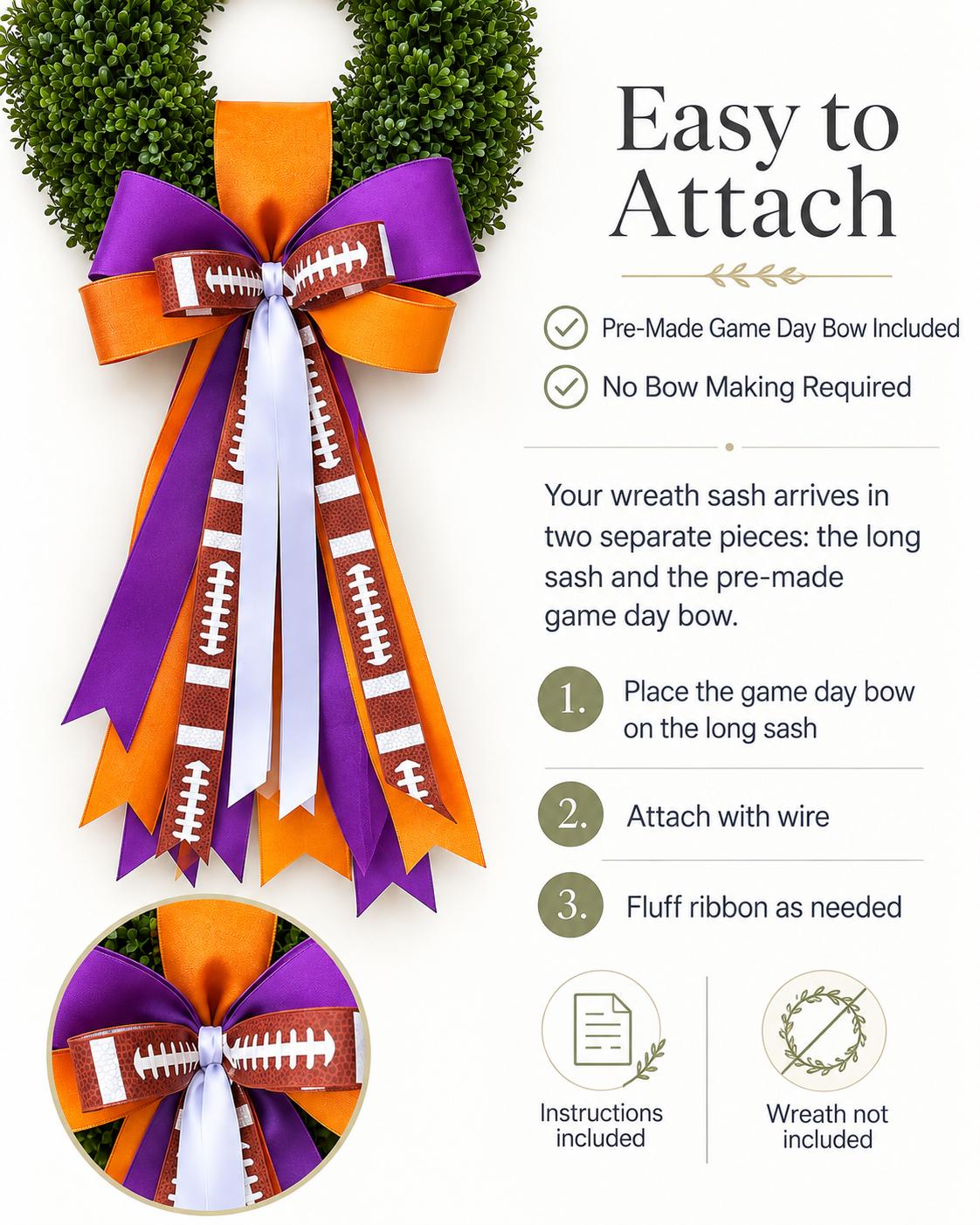Football Wreath Sash Purple Orange Game Day Wreath Bow Front Door Decor Team Spirit Football Door Bow