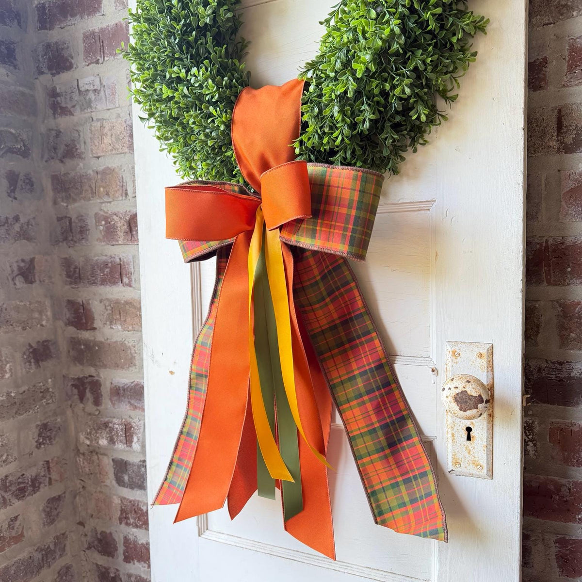 Fall Wreath with Wreath Sash Orange Plaid Bow Autumn Front Door Decor Boxwood Wreath Thanksgiving Door Wreath