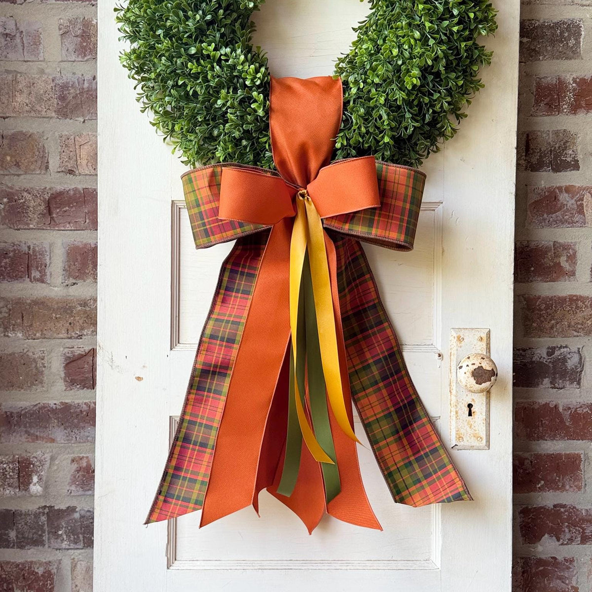 Fall Wreath with Wreath Sash Orange Plaid Bow Autumn Front Door Decor Boxwood Wreath Thanksgiving Door Wreath