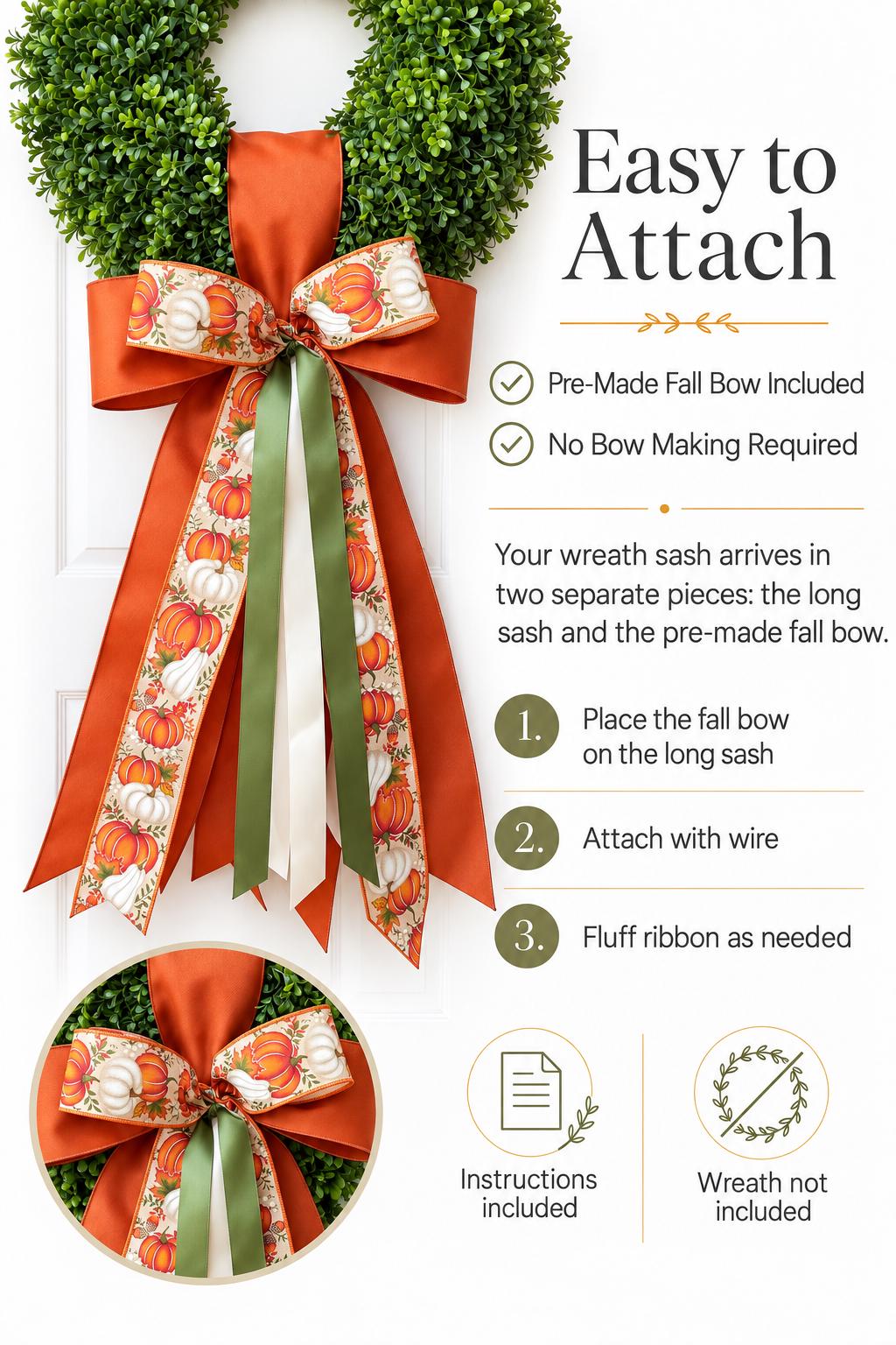 Fall Wreath Sash Pumpkin Wreath Sash Thanksgiving Front Door Decor Autumn Wreath Bow Orange Green Fall Door Decor 28 Inch