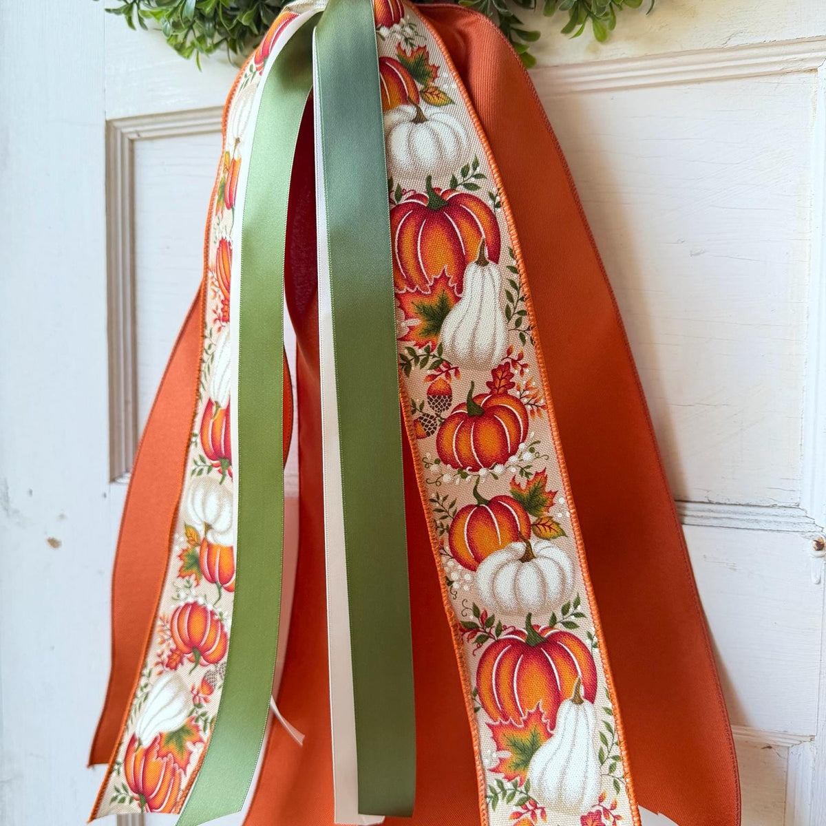 Pumpkin Wreath Sash Fall Wreath Sash Thanksgiving Front Door Decor Autumn Door Decor Orange Green Pumpkin Ribbon Sash 28 Inch