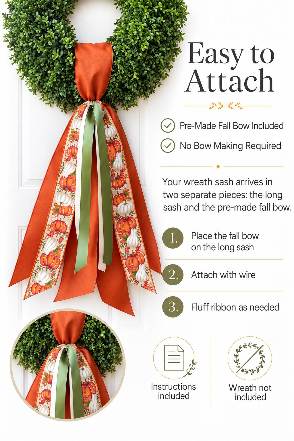 Pumpkin Wreath Sash Fall Wreath Sash Thanksgiving Front Door Decor Autumn Door Decor Orange Green Pumpkin Ribbon Sash 28 Inch