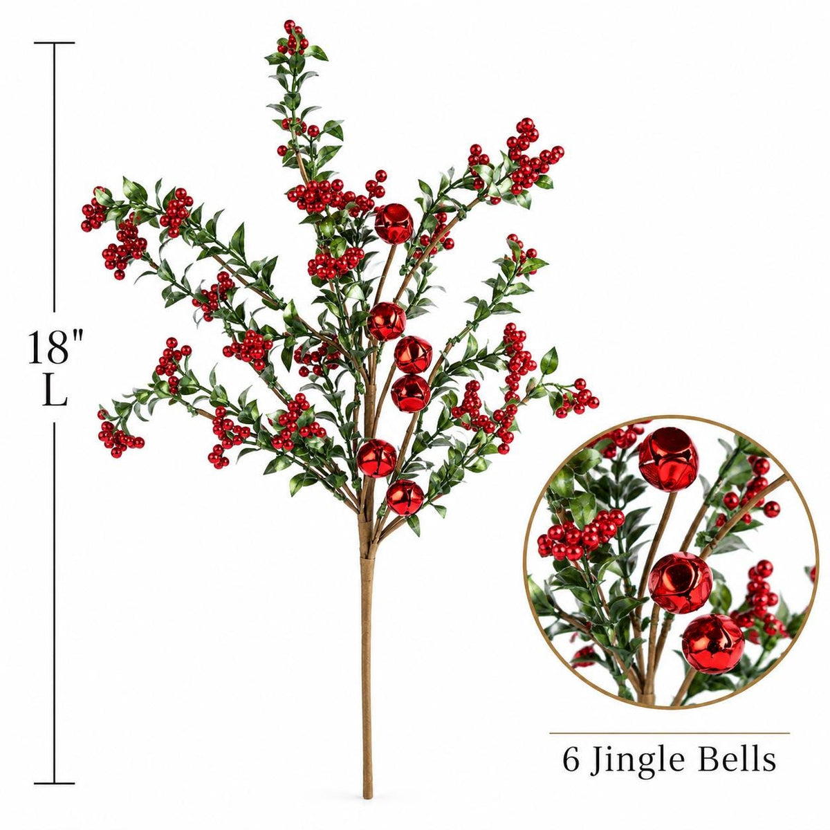 Jingle Bell Berry Spray Christmas Floral Stem Holiday Greenery Wreath Garland Decor 18 Inch Metallic Bell Spray