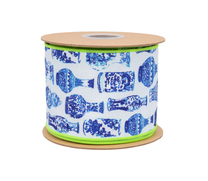 Blue & White Chinoiserie Ribbon with Green Backing – 4” Wired Dupioni, 10 Yard Roll