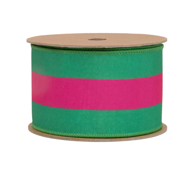 Hot Pink & Green Stripe Ribbon – 2.5” Wired Dupioni