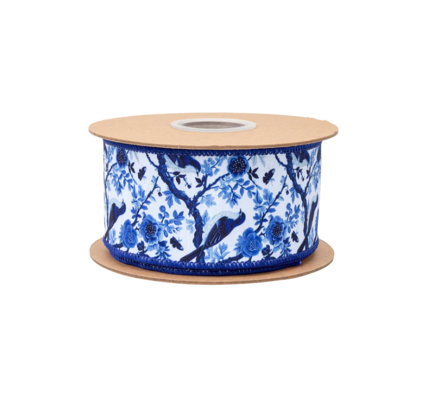 Blue & White Chinoiserie Birds Ribbon, 2.5” Wired Dupioni, Blue Backing