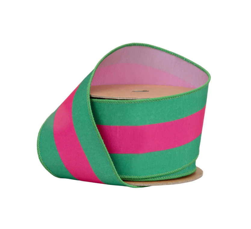 Hot Pink & Green Stripe Ribbon – 2.5” Wired Dupioni