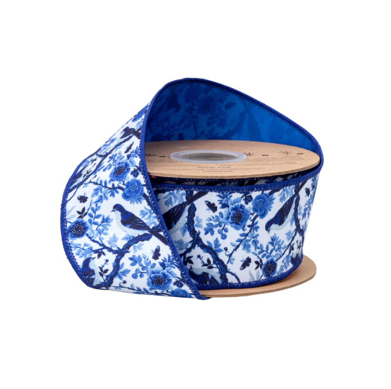 Blue & White Chinoiserie Birds Ribbon, 2.5” Wired Dupioni, Blue Backing