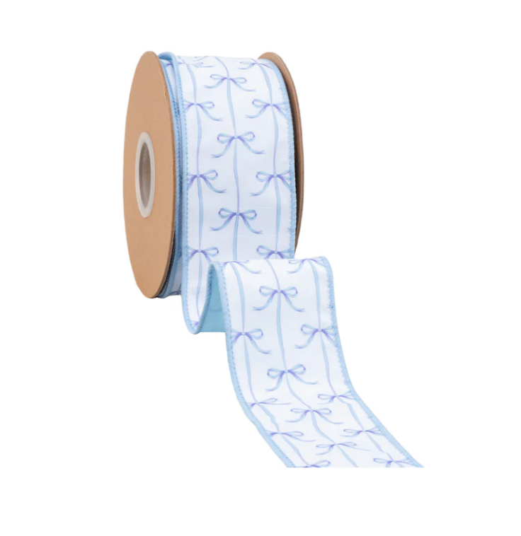 Blue Bow Ribbon, 2.5” Wired Dupioni, White & Blue