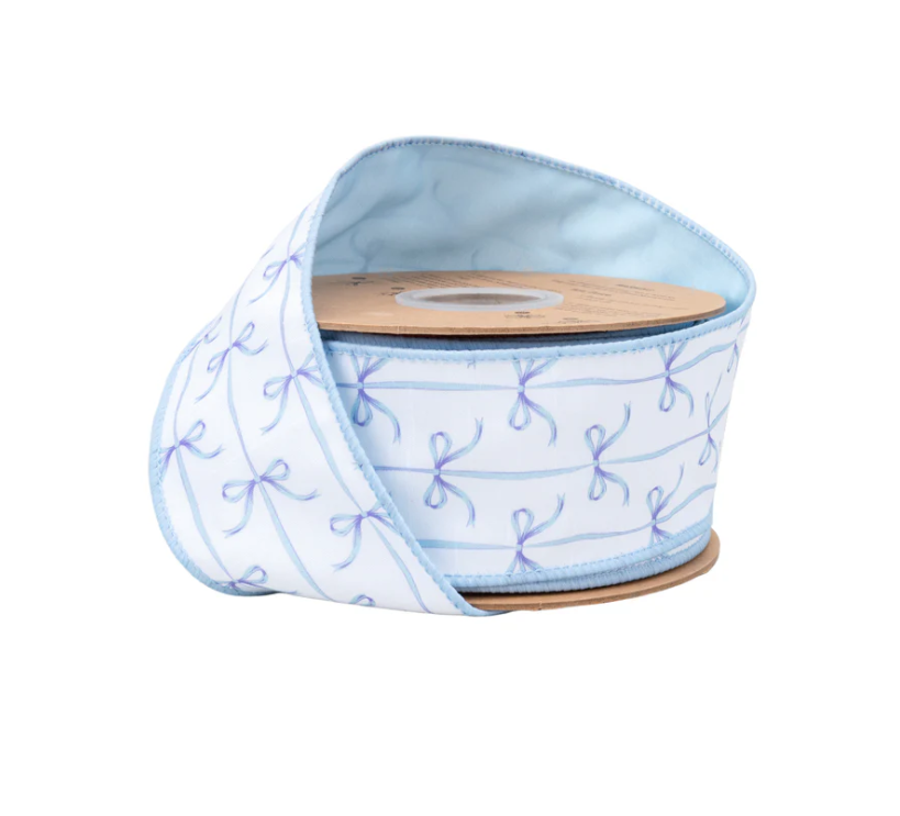 Blue Bow Ribbon, 2.5” Wired Dupioni, White & Blue
