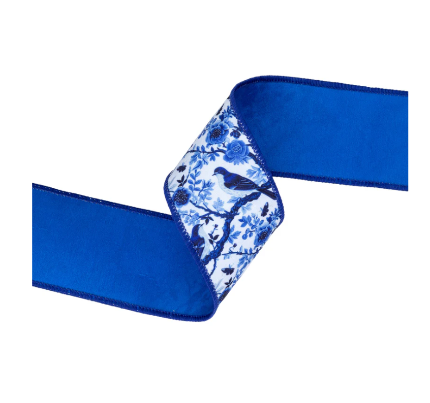 Blue & White Chinoiserie Birds Ribbon, 2.5” Wired Dupioni, Blue Backing